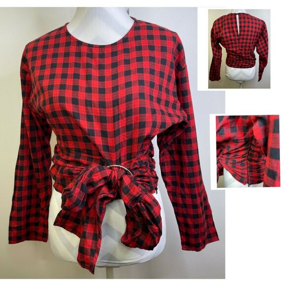 New ASOS Red Buffalo Plaid Ruched Side Top Size 6 Keyhole Back Tie Front - Picture 1 of 7